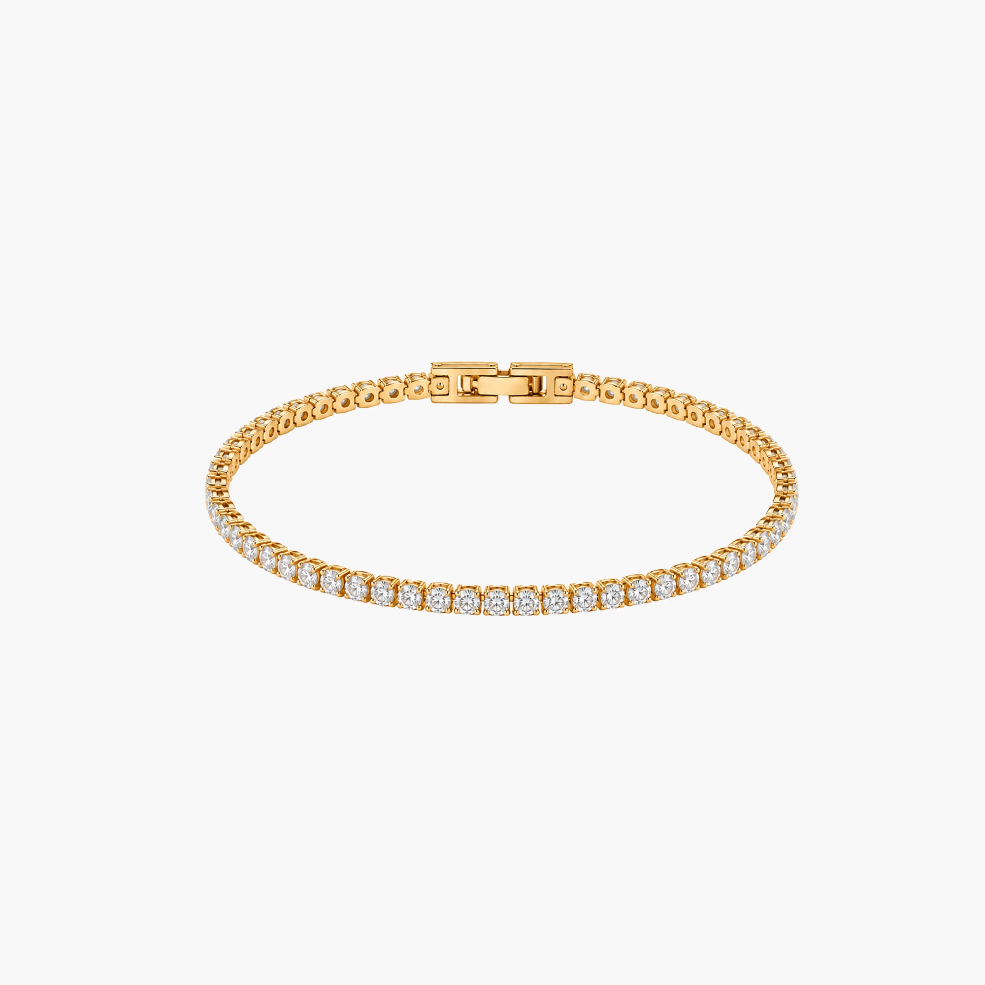 A gold tennis bracelet featuring a single row of round-cut clear gemstones, displayed on a clean white background.
